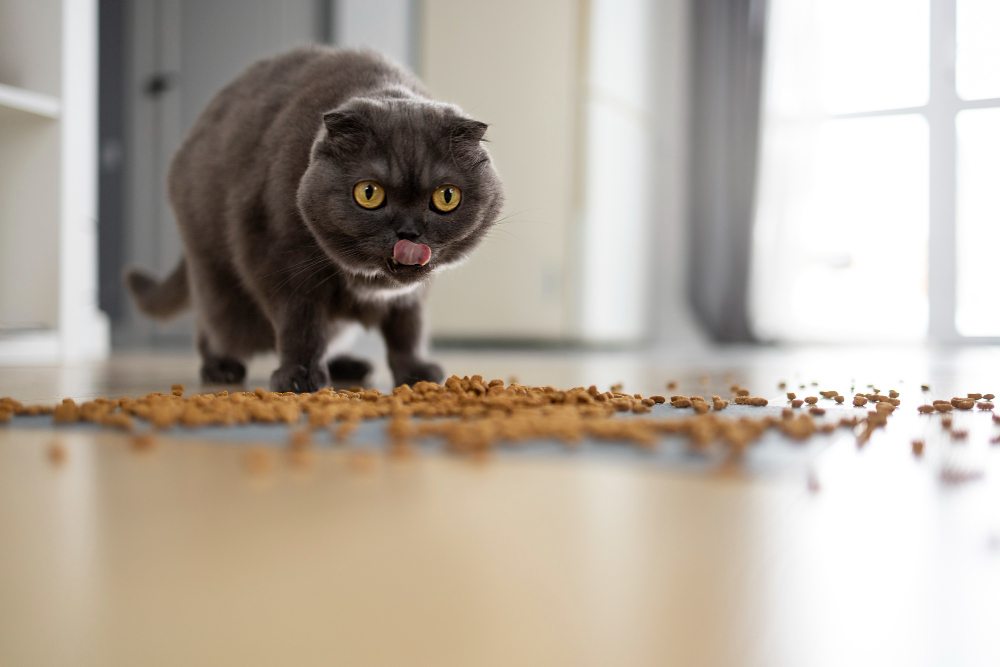 แมวกำลังกินอาหารเม็ดบนพื้น