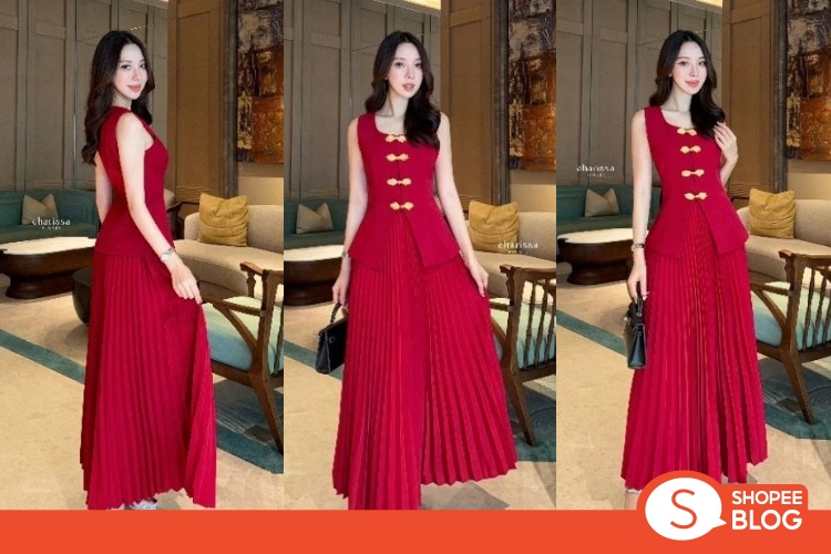 Shopee Blog-แต่งตัวตรุษจีน-Charissa-ชุดเซ็ตเสื้อกระโปรงพลีทสีแดง